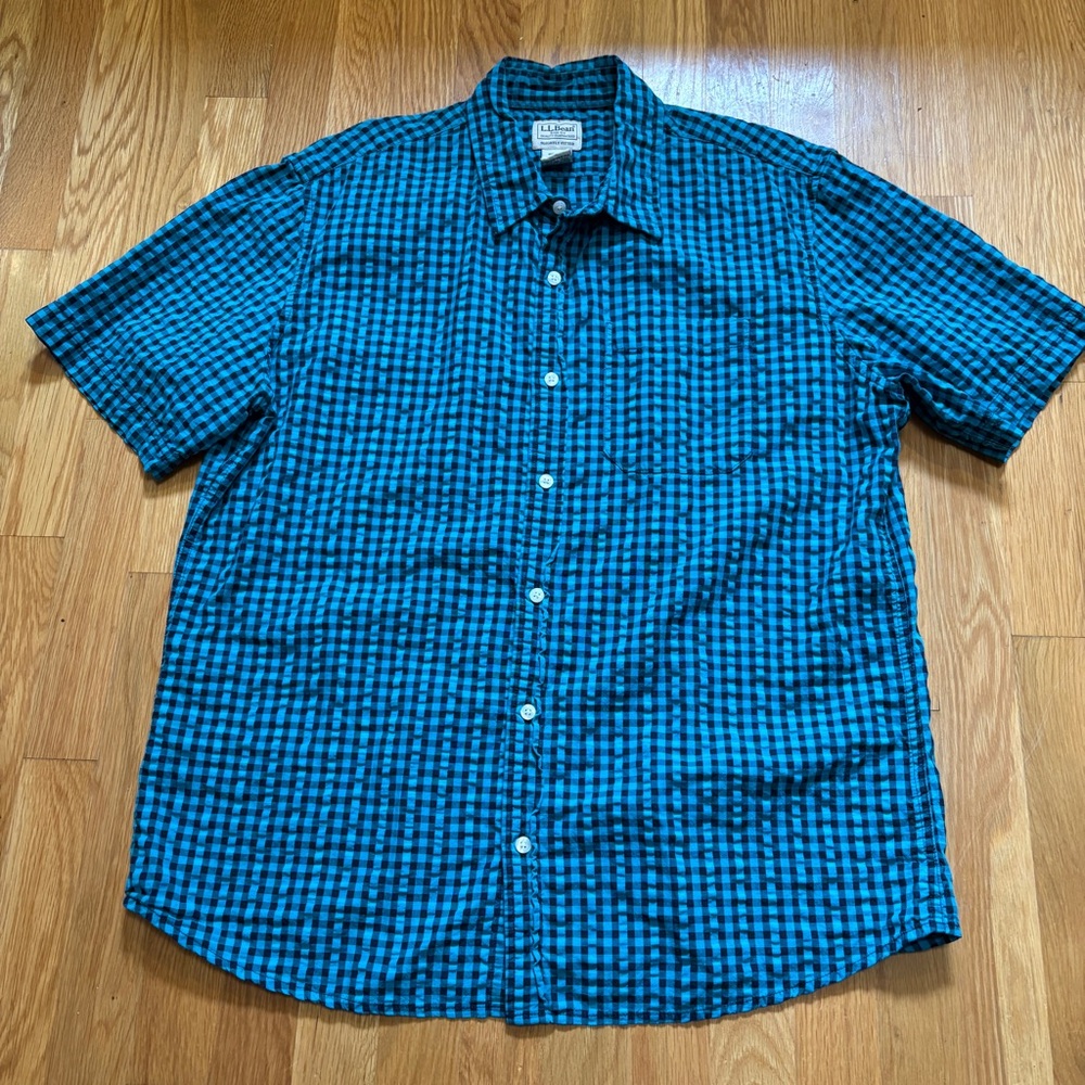 VTG LL Bean Teal Plaid Seersucker Cotton Short Sleeve Button Down Shirt Large
